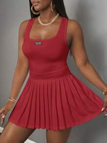 Slaydiva 2025 New Spring & Summer Casual Simple Basic U-Neck Racer Vest With Black Label & White Text, Pleated Skirt Including Shorts & Culottes, White Knit Fabric Women Mini Dress,Sundress,Summer Dresses For Women Red Dress Red Mini Dress Solid Color Dress Pleated Mini Dress