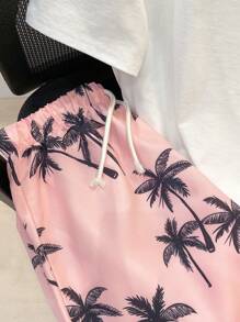 SHEIN 2 件套青少年男童休闲短袖短裤套装，街头朋克摇滚学院日常派对音乐节服装，春夏季，椰子树印花泳裤 - 粉色 - 查看 5