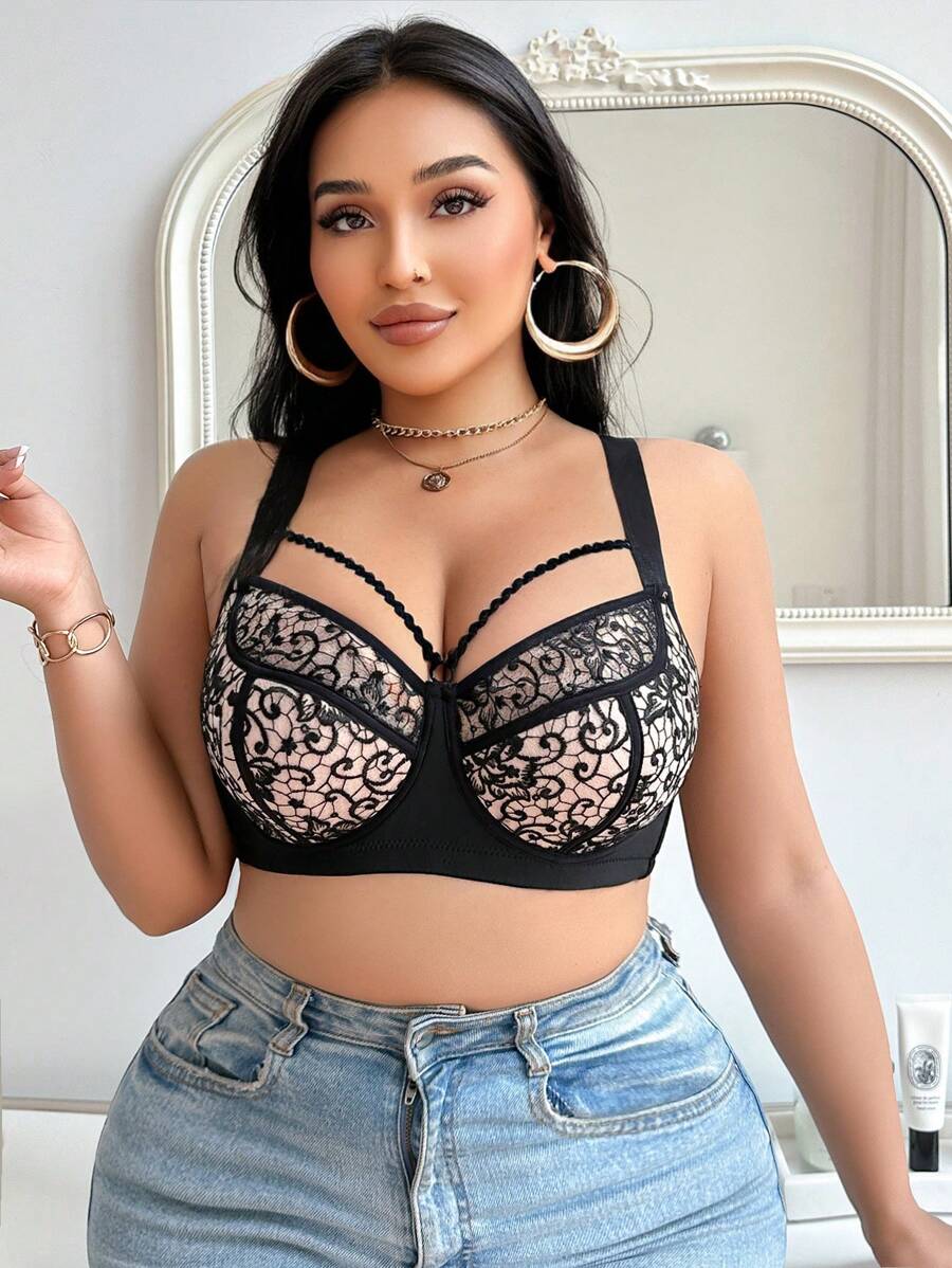 SHEIN 1 件大码蕾丝刺绣无钢圈内衣文胸 - 黑色 - 查看 1