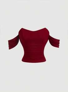 SHEIN MOD Blusa roja de hombros descubiertos con pliegues para mujer de la marca Aincora - Burdeos - Ver 1