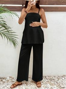 SHEIN 2件組孕婦寬鬆純色細肩帶上衣與長褲套裝，夏季拍照用柔軟修身款 - 黑色 - 查看 7