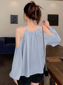 DAZY 纯色长袖宽松系带露肩女式上衣，适合外出、度假等场合穿着。 - 藍色 - 查看 2