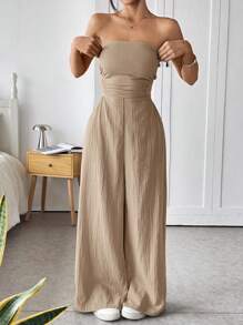 SHEIN EZwear 女式 100% 纯棉休闲露肩露背长款连体裤，夏季