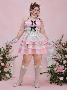 ROMWE Fairycore Đầm ren thêu hoa cỡ lớn thanh lịch dây mảnh - Hồng - Xem 6