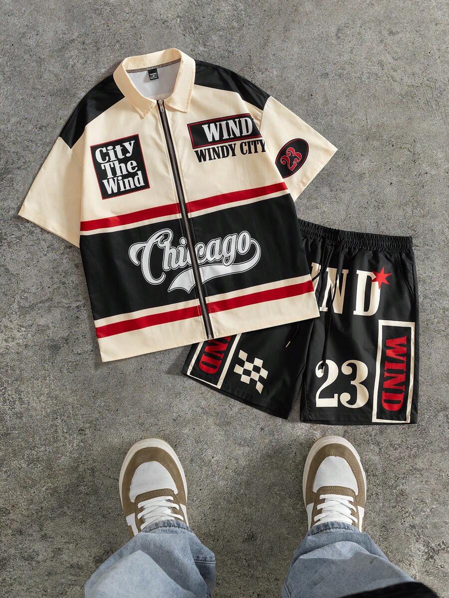 PAVTROS Conjunto de 2 piezas de camisa con cremallera con estampado de letras de color contrastante y shorts con cordón para hombre - Multicolor - Ver 1