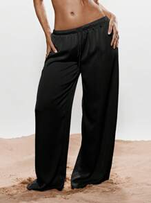 KIZN Tie Waist Satin Wide Leg Trousers