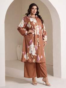 Veilorie Chaqueta de manga larga con diseño floral y abotonadura sencilla, y pantalones, conjunto de estilo árabe modesto para mujer de talla grande