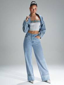 Denimoi Jeans a gamba dritta con vita bassa, orlo con risvolto, vestibilità rilassata