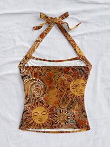 SHEIN PETITE CURVE Plus Size Women All-Over Print Halter Back Casual Top - Yellow - View 2