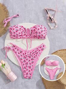 Swim Mod 2Pcs/Set Summer New Double-Sided Print Reversible Adjustable Straps Bandeau & One-Side Tie-Up Pink Bikini Sets For Women - Pink - View 3