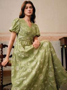 Anewsta 女士长款短袖连衣裙，优雅刺绣工艺大气鸡尾酒裙，春季服装