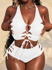 Slaydiva Size Women's Solid Color Hollow-Out Strap Sexy Bikini Set, Summer Beachwear - White - View 1