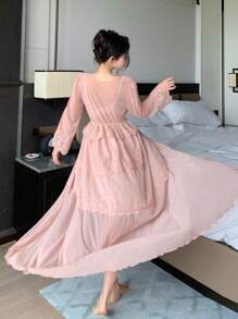DAZY Romantic Sheer Mesh & Lace Ruffle Trim Waist Cinched Ladies' Sleepwear Pajama - Pink - View 2