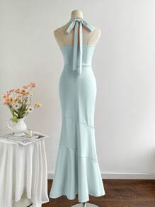 Elamini 女式纯色褶饰鱼尾下摆优雅挂脖连衣裙 - 淺藍色 - 查看 2