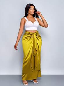 SOLERSUN 加大码女式 Faii 和冬季优雅简约浪漫系带缎面长裙，适合约会，双层系带裙适合舞会，姜黄色茧型裹身设计裙