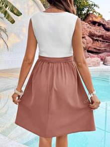 SHEIN Pregnant & Nursing Summer Casual Colorblock Button Front Sleeveless Dress - Dusty Pink - View 2