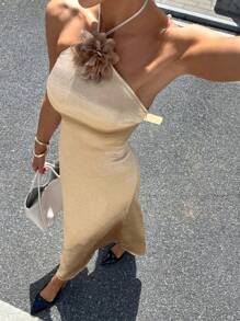 Siren Gaze Women's Elegant Summer Satin Halter Long Dress,Beige 3D Floral Decor Backless Metallic Champagne Gold Long Dress For Graduation Vacation Bar Party - Gold - View 4
