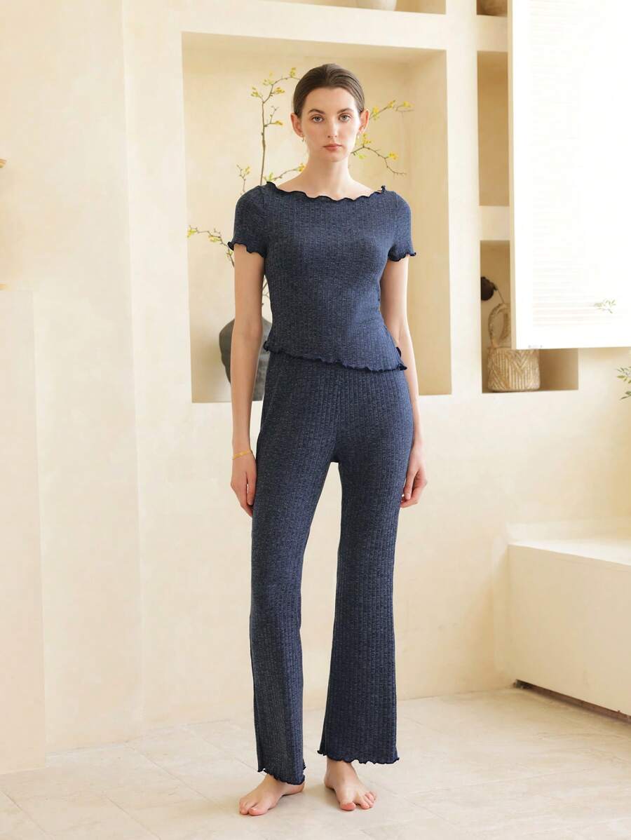 Moireta Elegant Women's Lace Back Ribbed Knit Sleepwear Set - Navy Blue - View 1