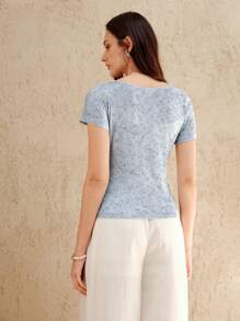 SHEIN Unity Women's Summer Unique Knitted Fabric Design With Twist Detail Hollow Top - Baby Blue - View 2