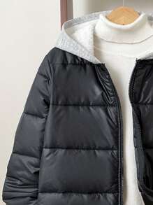 Áo khoác ấm dày có đệm dệt kim màu khối thường ngày cho bé trai tuổi teen, áo khoác mùa đông, áo khoác chần bông có mũ trùm đầu màu đen - màu đen - Xem 3