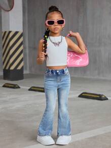 SHEIN Y2K Style Pocketed Flare Leg Casual Versatile Jeans For Young Girls - Light Wash - View 6