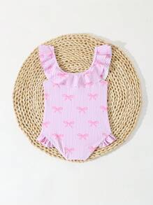 Young Girl Cute Bow Print Ruffle Neck One-Piece Swimsuit - Multicolor - View 2
