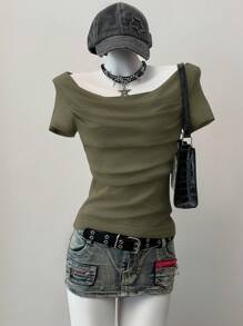 SHEIN EZwear Summer Western Wear Women Tops  Knit Women's Fitted Short Sleeve One Shoulder