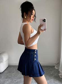 Elenzga 女式侧扣褶皱休闲牛仔迷你裙 - 藍色 - 查看 4
