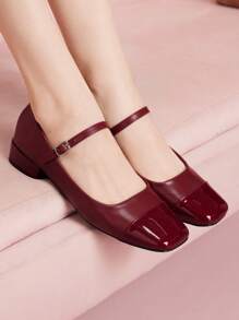 CUCCOO DOLLMOD Fashionable Maroon Mary Jane Chunky Heel Flats For Christmas Spring Shoes - Burgundy - View 3