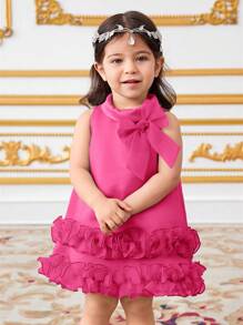 SHEIN Robe élégante à col, nœud papillon et volants pour bébé fille - Rose vif - Voir 4
