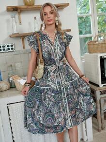 LanaWest Women's Casual Holiday All-Over Print Cap Sleeve Button Front Dress - Multicolor - View 3