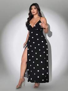 Viva Relle 大码性感优雅露肩露背波尔卡圆点连衣裙，适合度假穿着 - 黑色 - 查看 3