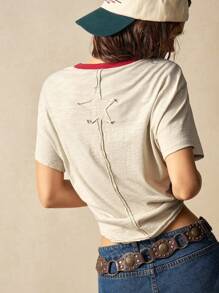 Bohemela BOHO Relaxed Fit Women's T-Shirt With Paisley Print And Solid Color, Vintage American Resort Style - Apricot - View 7