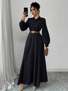 Selianne Đầm tay đèn lồng màu trơn thanh lịch đi làm, trang phục Maxi thu cho nữ - màu đen - Xem 4