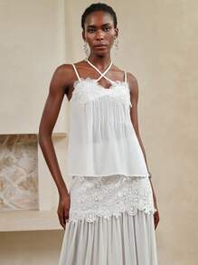 SHEIN LUNE Women's 3d Flower Sequin Decor Chiffon Solid Color Cami Top Spaghetti Strap Top,Sexy Wear For Home, Beach, Resort, Spring/Summer,Vacation Tops - White - View 7