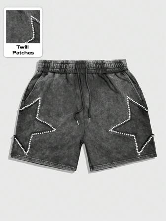Prep Pantalones cortos informales para hombre con cintura con cordón y adornos de perlas falsas