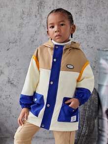 Young Boy 1pc Colorblock Letter Patched Detail Flap Pocket Hooded Coat - Multicolor - View 3