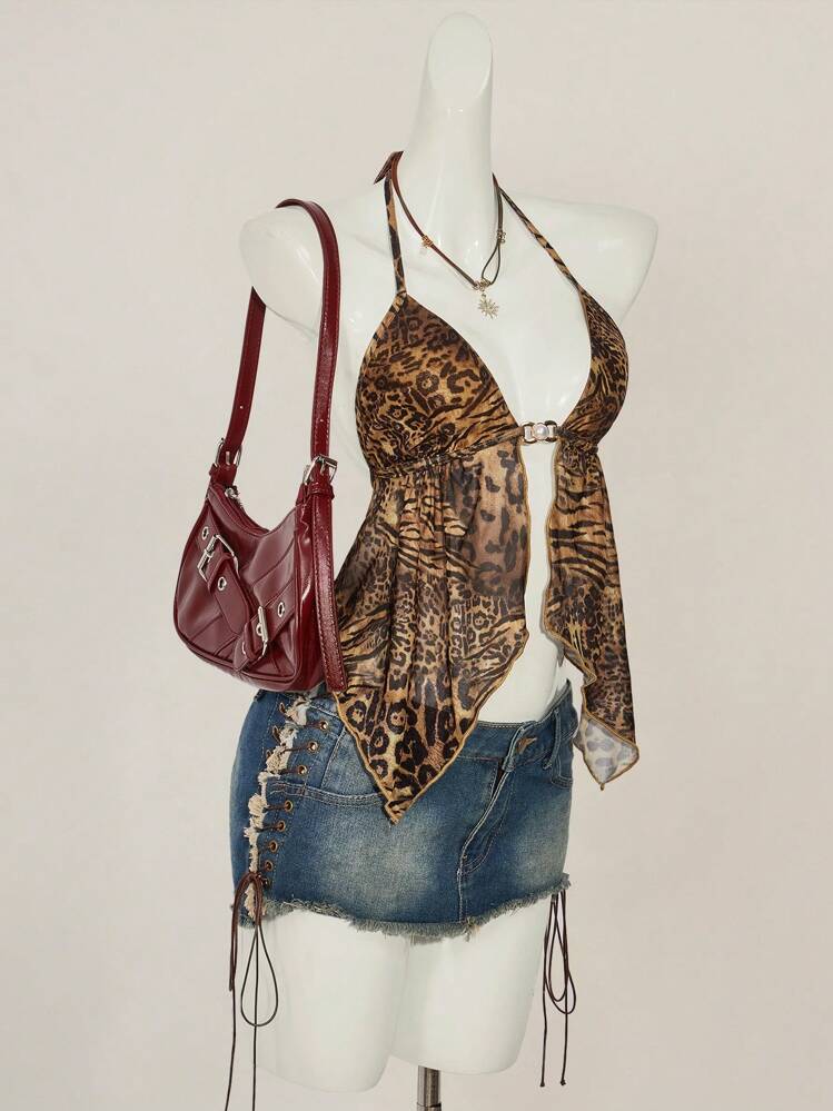SHEIN ICON Vintage Leopard Print Backless Halter Neck Camisole