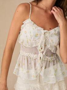 Enchnt Parte superior de camisola con volantes, lazo y estampado romántico de pequeñas rosas amarillas para mujer, diseñada para primavera/verano, dulce, elegante y de moda, ideal para vacaciones, citas, días festivos, fiestas, graduaciones y bodas como invitada, tops de verano para mujer - Púrpura malva - Ver 7