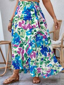 SHEIN VCAY Plus Allover Floral Print Ruffle Trim Wrap Knot Side Summer Skirt - Blue - View 5