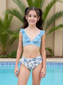 Tween Girls Bikini Suit,Ruffled Bikini Top And Floral Print Bikini Bottoms - Multicolor - View 6