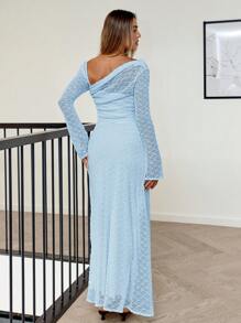Siren Gaze 女士纯色不对称领口长袖修身连衣裙 - 淺藍色 - 查看 2
