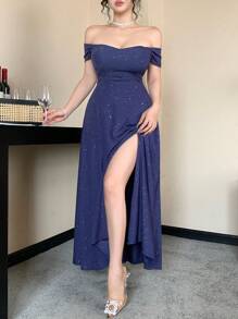 DAZY 女士亮片开衩荷叶边露肩中长连衣裙 舞会礼服 - 藍色 - 查看 4