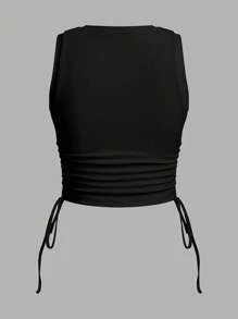 SHEIN EZwear 两件套罗纹蝴蝶结抽绳褶饰短款背心 - 彩色 - 查看 4