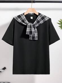 SHEIN 青少年男孩格子拼布短袖 T 恤，休闲，校园，舒适，时尚，百搭，柔软，适合日常穿着，上学，旅行，运动，滑板，海滩度假 - 黑色 - 查看 3