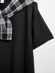 SHEIN 青少年男孩格子拼布短袖 T 恤，休闲，校园，舒适，时尚，百搭，柔软，适合日常穿着，上学，旅行，运动，滑板，海滩度假 - 黑色 - 查看 7