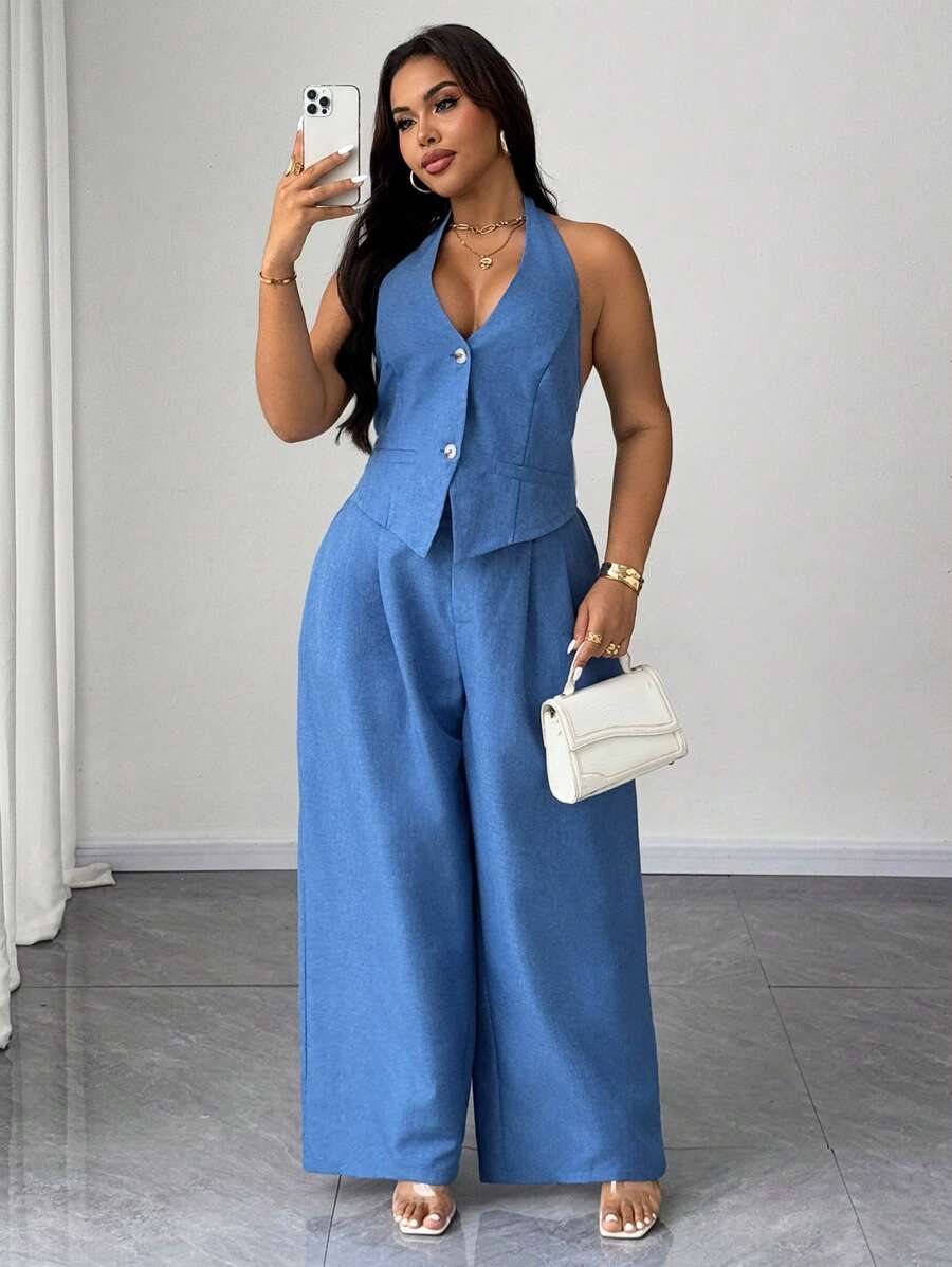 SHEIN Unity Plus Size Women Single-Breasted Vest And Pants Suit - Blue - View 1