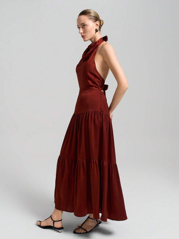 2025 New Elegant Sleeveless Ruffle Neck A-Line Dress, Brown, Taffeta Material, Crease-Resistant, Suitable For Summer, Holidays, Graduation Season, Everyday Wear For Women