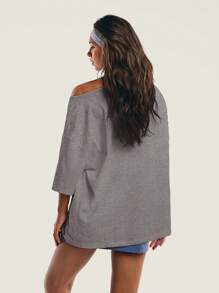 Athîral Women Letter Print Asymmetric Neck Short Sleeve Loose Casual T-Shirt