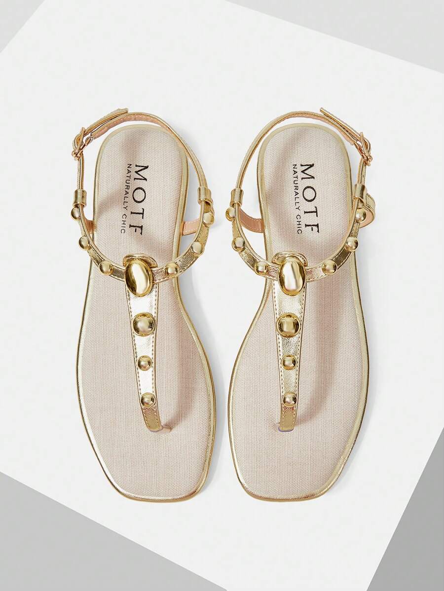 MOTF PREMIUM STUDDED FLAT FLIP FLOP SANDALS FOR CHRISTMAS - Gold - View 1